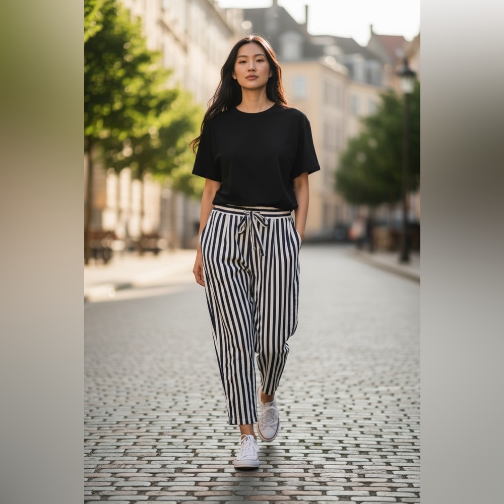 ZARA Navy White Striped Paperbag Waist Pants Size 8 - Picture 10 of 13